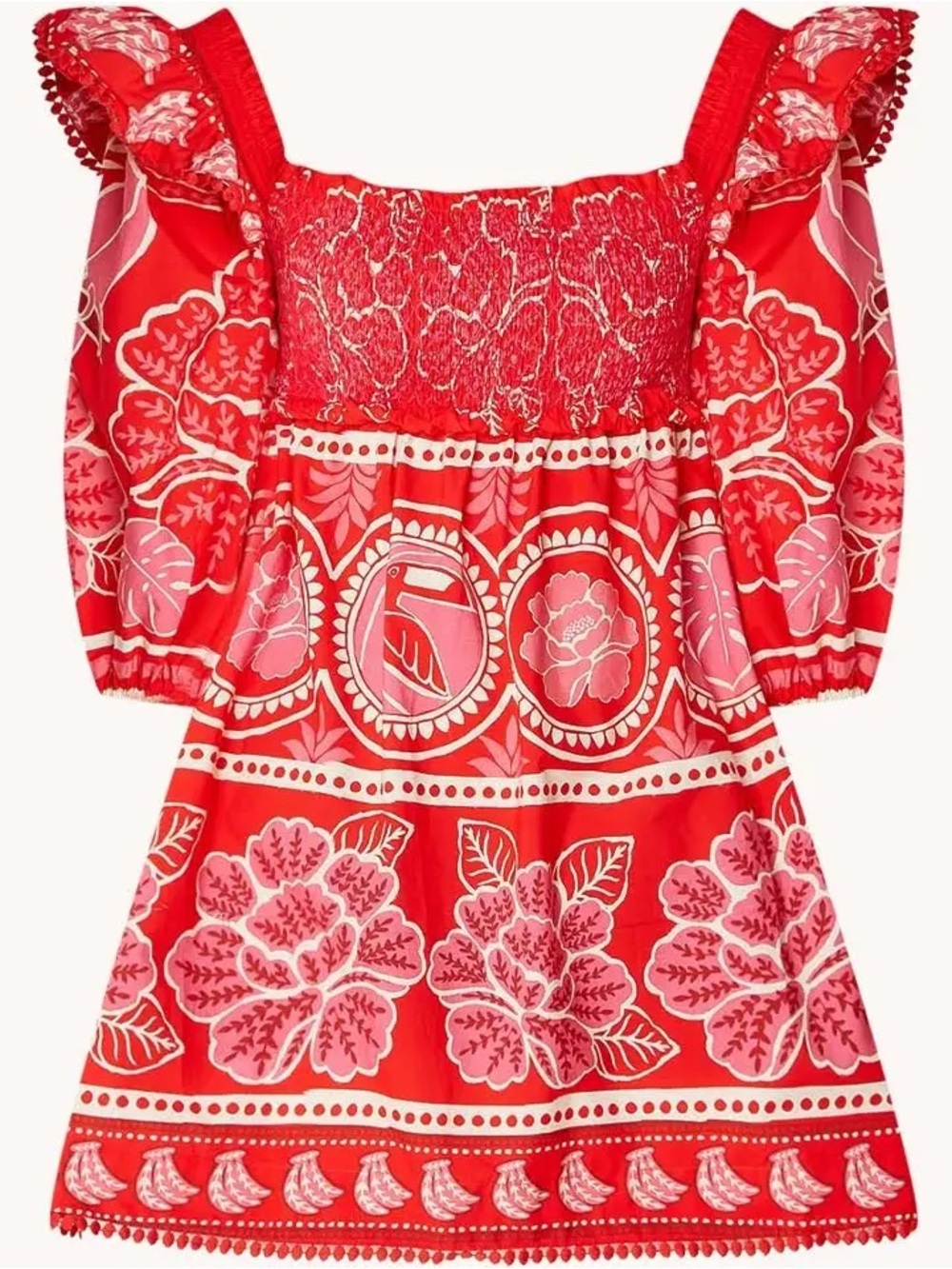 FARM Rio Red and Pink Floral Smocked Mini Dress